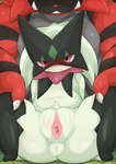 2023 absurd_res anthro anus blush bodily_fluids digital_media_(artwork) duo female fingers generation_7_pokemon generation_9_pokemon genital_fluids genitals hi_res incineroar looking_at_viewer meowscarada narrowed_eyes nintendo pokemon pokemon_(species) pussy red_body size_difference solo_focus spread_legs spreading teeth type urethra vaginal_fluids