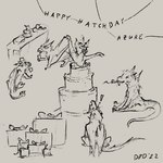 1:1 azureflame_(crimsonfire17) birthday birthday_cake cake clothing dessert diamondbackdrake digital_drawing_(artwork) digital_media_(artwork) dragon english_text female feral food group hat hatchday headgear headwear hybrid male monochrome muse mythological_creature mythological_scalie mythology rainwing_(wof) scalie seawing_(wof) signature sketch skywing_(wof) starfruit_(diamondbackdrake) tail text viari wings_of_fire