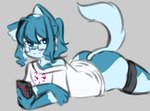 ambiguous_gender anthro ass_up blue_body blue_fur bottomwear bottomwear_down butt clothed clothing couldbecheese eyewear felid fur glasses male_(lore) mammal partially_clothed rexie_(couldbecheese) shorts shorts_down solo