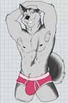 2024 abs anthro armpit_hair bedroom_eyes biped black_body black_fur black_nipples black_nose blue_eyes body_hair briefs briefs_only bulge canid canine canis checkered checkered_background chest_markings clothed clothing digital_drawing_(artwork) digital_media_(artwork) domestic_dog extracurricular_activities fluffy fluffy_tail fur hand_on_head happy_trail hi_res husky inner_ear_fluff looking_at_viewer male male_anthro mammal markings multicolored_body muscular muscular_anthro muscular_male narrowed_eyes navel nipples nordic_sled_dog partially_clothed partially_clothed_male pattern_background pecs pink_briefs pink_clothing pink_underwear portrait raised_arms seductive simple_background solo spencer_(extracurricular_activities) spitz standing tail teeth thick_thighs three-quarter_portrait toothy_grin topless tuft underwear underwear_only unsafescapewolf whiskers white_background white_body white_fur white_inner_ear_fluff white_sclera