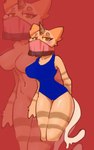 anthro bedroom_eyes blue_clothing blue_swimwear blush breasts brown_eyes clothing domestic_cat felid feline felis female hi_res holp horn knowledge_mixing mammal mouth_covered narrowed narrowed_eyes nude one-piece_swimsuit seductive simple_background slime_tail solo striped_legs swimwear unicat unicorn_horn yellow_sclera