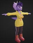 3d_(artwork) anthro cavemanon_studios ceratopsian clothed clothing cosmicbyte digital_media_(artwork) dinosaur facial_horn female goodbye_volcano_high hair hoodie horn ornithischian prehistoric_species purple_body purple_eyes purple_hair reptile scalie snoot_game solo standing t-pose topwear triceratops trish_(gvh)