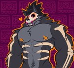 abs anthro areola artist_name biceps black_body black_fur black_hair bodypaint canid canine canis day_of_the_dead fur grey_areola grey_body grey_ears grey_fur grey_inner_ear hair heart_symbol hi_res holidays mako_(pumpking_wolf) male male_anthro mammal mask mask_only multicolored_body multicolored_fur muscular muscular_anthro muscular_male nude nude_anthro nude_male orange_bodypaint orange_outline outline pattern_background pecs pointy_ears ponytail prick_ears pumpking_wolf purple_background red_eyes simple_background skeleton_bodypaint skull_mask solo two_tone_body two_tone_fur white_mask wolf