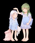 4:5 5_fingers 5_toes alpha_channel blue_eyes clothing dress duo elf feet female fingers green_eyes green_hair hair hi_res human humanoid looking_at_another mammal open_mouth pillow plushie shirt simple_background straviios teeth toes topwear transparent_background unknown_artist white_hair