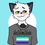 1:1 anthro black_ears blizzardfur blizzardfur-maxxx blush blush_lines clothing domestic_cat felid feline felis fur he/him/hole hi_res lgbt_pride male mammal portrait pride_color_t-shirt pride_colors shirt simple_background solo standing t-shirt text topwear vincian_pride_colors white_body white_fur