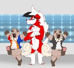 2020 3_toes 4_fingers anthro anthrofied brown_body brown_fur clothed clothing crossed_arms eyes_closed feet fingers fur generation_7_pokemon group lyan_the_lycanroc lycanroc male mc_morrales nintendo nude open_mouth pantsless pokemon pokemon_(species) raised_arms raised_leg rockruff shirt size_difference toes topwear trio