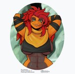 abs anthro arm_wraps big_breasts breasts clothed clothing female front_view generation_5_pokemon green_eyes hair hi_res looking_at_viewer midriff muscular muscular_anthro muscular_female nintendo non-mammal_breasts partially_clothed pokemon pokemon_(species) red_hair sarcoph scalie scrafty smile solo wraps