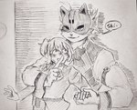 anthro canid canine clothing duo female female_operator fox fur hand_holding hayata_461 hi_res human lifewonders live_a_hero lying male mammal mask on_back pen_(artwork) protagonist_(live_a_hero) shirt shush sketch topwear traditional_media_(artwork) vest vulpecula