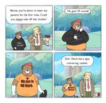 2022 absurd_res anthro bottomwear brown_body canid canine canis clothing comic detailed_background dialogue domestic_dog duo english_text flower hi_res hoodie humanoid_hands lukehealy male male/male mammal necktie outside overweight overweight_male pants plant shirt text text_on_clothing text_on_shirt text_on_topwear topwear