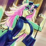 1:1 abstract_colors anthro bag big_breasts breasts canid canine clothing corkii_(character) dress eyewear eyewear_on_head female green_body hair hi_res looking_at_viewer lostwisdom mammal pink_hair sketch solo sunglasses sunglasses_on_head wide_hips