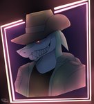 anthro australian_hat clothed clothing fish flexet_(photolol.03) green_body male marine neon_lights photolol.03 shark sharp_teeth simple_background smile solo teeth