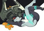 2022 armor barefoot bedroom_eyes black_body black_skin breasts butt digital_media_(artwork) featureless_breasts feet female grin hair hands_behind_head head_gear headgear helmet hizano_kinniku humanoid kin_niku legs_up looking_at_viewer lying markings midna multicolored_body narrowed_eyes nintendo not_furry nude on_back one_eye_obstructed orange_hair red_eyes seductive short_stack side_view simple_background small_breasts smile solo the_legend_of_zelda twili twilight_princess two_tone_body white_body white_skin yellow_sclera