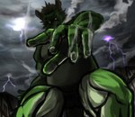 2014 anthro asian_mythology attack_on_titan colored dragon east_asian_mythology eastern_dragon electricity fingernails foreshortening green_body green_skin horn lightning male mane morenatsu mythological_creature mythological_scalie mythology nails nude parody poge_jirushi purple_eyes scalie solo tappei_(morenatsu)