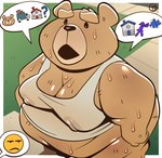 anthro bear bodily_fluids cheat cheating_husband clothed clothing dialogue downward_angle half_naked hi_res male mammal moobs nipples overweight overweight_anthro overweight_male partially_clothed plushie solo speech_bubble sweat sweaty_nipples ted_(movie) ted_(ted) toy trashtoonz