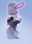 2024 3_toes anthro big_breasts big_butt bigdad blush breasts butt cleavage clothed clothing curvy_figure disney feet female full-length_portrait fur grey_body grey_fur half-closed_eyes hands_behind_back high-angle_view judy_hopps lagomorph leporid long_ears looking_at_viewer mammal multicolored_body narrowed_eyes portrait purple_eyes rabbit simple_background smile solo standing tail thick_thighs tight_clothing toes two_tone_body wide_hips zootopia