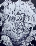 2023 absurd_res arthropod detailed_background eyewear fungus glasses hi_res holding_object hollow_knight inktober monochrome mushroom musical_note musical_symbol paper scroll symbol team_cherry theblueberrycarrots traditional_media_(artwork) walking