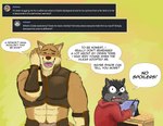 abs anthro black_body black_fur blush canid canine canis chest_armor clothing cobb_(shade) desk dialogue_box fur furniture hi_res hoodie light_armband male mammal shade_the_wolf simple_background table tablet_computer topwear wolf yellow_body yellow_fur