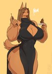 2023 anthro biped breasts brown_body cake canid canine cleavage cleavage_cutout clothed clothing conditional_dnp cutlery cutout dessert dress eating female food fork fur hair jollyjack kitchen_utensils mammal muscular muscular_female mythological_canine mythological_creature mythology nom pecs pecs_with_breasts plate simple_background slit_dress smile solo thick_thighs tools were werecanid werecanine werewolf yellow_background