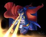 anthro blue_body blue_hair blue_skin cape clothing dragon hair harucat hi_res horn laser laser_eyes male muscular mythological_creature mythological_scalie mythology scalie solo superhero