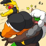 1:1 anthro ass_to_face attack big_butt butt cel_shading clothing cosplay_pikachu_(costume) digital_drawing_(artwork) digital_media_(artwork) duo female female/female flying_peach game_freak generation_1_pokemon generation_8_pokemon huge_butt hyper impact_effect legwear lucha_libre_mask mask motion_lines nintendo omegabrawl pain_stars pikachu pikachu_libre pokemon pokemon_(species) shaded signature simple_background sports_mask sportswear tights wooloo wrestling wrestling_mask