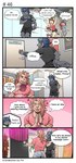 anthro bottomwear canid canine canis chasing clothing comic dialogue english_text felid female gym_pals h155296 hi_res lion male mammal master_(gym_pals) pantherine prince_(gym_pals) shorts text wolf