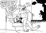 2022 ambiguous_gender animate_inanimate anthro breasts clothed clothing dialogue ear_piercing ear_ring english_text feet female group jack-o'-lantern kangaroo kangy_(tegerio) macropod mammal marsupial monochrome outside pawpads paws piercing plant pouch_(anatomy) ring_piercing snowman soles tail tegerio text toes topless tree trio