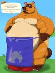 alythewolfcat animal_crossing anthro apron balls_outline belly big_belly big_bulge bottomwear bulge canid canine clothing detailed_bulge english_text genital_outline hi_res huge_belly huge_bulge hyper hyper_bulge male mammal musclegut muscular muscular_male nintendo raccoon_dog solo speedo swimwear tanuki text tom_nook_(animal_crossing) topwear