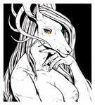 anthro black_and_white breasts deer eyelashes female hair hi_res line_art long_hair looking_at_viewer mammal monochrome nails nipples portrait pupil pupils red_eyes road~abelgeym simple_background solo square_pupils yellow_eyes