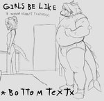 anthro belly bottom_text_(meme) bulge buster_(iwhtg) cavemanon_studios ceratopsian clothed clothing dinosaur duo english_text female hair humor i_wani_hug_that_gator kiara_(iwhtg) male meme monochrome ornithischian overweight overweight_male pantsless prehistoric_species prometheuzone reptile scalie spikes spikes_(anatomy) text triceratops underwear