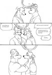 2023 5_fingers anthro anthro_on_anthro antlers bernielover bernielover's_college_au blush bovid caprine clothed clothing comic deer devon_(bernielover) dialogue duo english_text eyes_closed fingers fur hand_on_face headbutt hi_res horn humanoid_hands male male/male mammal markings monochrome muscular muscular_anthro muscular_male shirt smile speech_bubble spots spotted_body spotted_fur tail text topwear whitney_(bernielover)