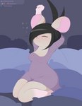 2022 black_hair breasts clothed clothing conditional_dnp dashboom eyes_closed female grey_body hair hi_res mammal michelle_(dashboom) mouse murid murine nightgown rodent simple_background sleeping solo sound_effects stretching translucent translucent_clothing vowelless vowelless_sound_effect zzz