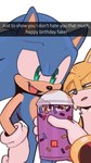 2023 9:16 beverage canid canine clothing english_text eulipotyphlan fox fur gloves grimace_shake handwear happy_birthday hedgehog hi_res male mammal mcdonald's meme miles_prower on_model sega shadow_the_hedgehog simple_background smile sonic_the_hedgehog sonic_the_hedgehog_(series) text thin_thighs toonsite white_background yellow_body yellow_fur