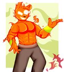 abs anthro bear big_biceps big_pecs bottomwear bracelet brown_bottomwear brown_clothing brown_pants clothed clothing elemental_creature elemental_manipulation fire fire_creature fire_manipulation flaming_hair floating flying glowing glowing_eyes glowing_smile glowing_teeth hair hi_res inferno_(jflare205) jewelry jflare205 male mammal muscular muscular_anthro muscular_male navel orange_body orange_ears orange_hair pants pecs pseudo_hair shirtless shirtless_male smile solo teeth topless topless_anthro topless_male ursine white_eyes wristband