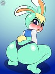 2024 3:4 absurd_res animal_crossing anthro big_butt black_eyes blonde_hair blush bubble_butt butt clothing crop_top crouching eyelashes female fur green_body green_fur hair hi_res lagomorph leporid looking_at_viewer looking_back looking_back_at_viewer male_(lore) mammal multicolored_body nintendo open_mouth panties rabbit rabbit_ears rear_view sasha_(animal_crossing) scut_tail shaded shadow shirt short_tail simple_background sirjzau solo tail teeth thick_thighs tight_clothing tongue topwear underwear wide_hips