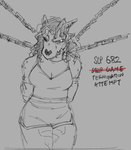 2022 anterior_nasal_aperture anthro anthrofied bone bottomwear breasts chain chain_leash character_name cleavage clothed clothed_anthro clothed_female clothing collar cuknite32 digital_media_(artwork) dolphin_shorts english_text female female_anthro front_view grey_background greyscale grumpy hair hands_behind_back horn leash lizard long_hair messy_hair monochrome monster mouth_closed non-mammal_breasts portrait reptile restrained_arms restraints scales scalie scp-682 scp_foundation sharp_teeth shirt shorts simple_background sketch skull skull_head snout solo spikes strikethrough tank_top teeth text three-quarter_portrait topwear