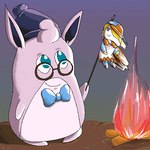 1:1 after_transformation ambiguous_gender bonfire_style_wigglytuff bow_tie campfire clothing digital_drawing_(artwork) digital_media_(artwork) duo eyewear feral generation_1_pokemon glasses hat headgear headwear holowear_(pokemon) human low_res male mammal melting_body nintendo outside pokemon pokemon_(species) pokemon_unite stretchy tapirclip transformation volo_(pokemon) wigglytuff