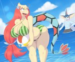 2023 anthro bent_over big_breasts bikini black_body black_skin blue_body blue_skin breasts clothing cloud day duo eeveelution female fin generation_1_pokemon generation_3_pokemon green_bikini green_clothing green_swimwear hair head_fin hi_res huge_breasts light_body light_skin long_hair long_tail male male/female markings mila_(snackbunnii) milotic nintendo open_mouth partially_submerged pattern_bikini pattern_clothing pattern_swimwear pokemon pokemon_(species) red_body red_hair red_skin ritz_(snackbunnii) size_difference sky smaller_male smile snackbunnii standing_in_water swimming_trunks swimwear tail tail_markings tan_body thick_thighs two-piece_swimsuit vaporeon watermelon_bikini watermelon_pattern