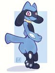 absurd_res ambiguous_gender anthro blue_body blue_fur canid canine digitigrade fur generation_4_pokemon hi_res hornygoatbritt looking_at_viewer mammal nintendo pawpads paws pokemon pokemon_(species) red_eyes riolu simple_background solo