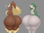 ambiguous_gender anthro big_butt butt duo gardevoir gattito generation_3_pokemon generation_4_pokemon hi_res huge_butt hyper hyper_butt long_ears looking_back lopunny nintendo nude pokemon pokemon_(species) red_eyes scut_tail short_tail simple_background speech_bubble tail