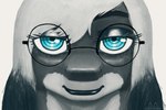 anthro blue_eyes eyelashes eyewear female fish glasses hair kubrick_stare lips looking_at_viewer marine monochrome shark solo spot_color thewolffinsnow thick_bottom_lip