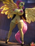 3d_(artwork) absurd_res alternative_fashion ankh anthro big_breasts bodily_fluids breasts cigarette clothing cutie_mark digital_media_(artwork) equid equine eyelashes feathers feet female female_peeing fishnet_clothing fishnet_legwear fluttershy_(mlp) footwear forsaken_(artist) friendship_is_magic genital_fluids genitals goth grass hair half-closed_eyes hasbro hi_res high_heels horse humanoid_feet jacket legwear logo looking_at_viewer makeup mammal my_little_pony narrowed_eyes navel nipples outside peeing pink_hair plant plantigrade pony pubes pussy shoes smile smoke solo topwear urine wings yellow_body