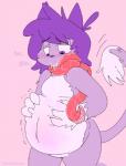 anthro belly belly_grab belly_squeeze breasts domestic_cat emanata felid feline felis female hand_on_belly kaitty kaittycat mammal oral pregnant pseudo_clothing pseudo_scarf solo swallowing tentacle_scarf