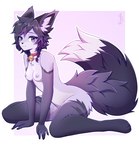 anthro areola bell bell_collar braided_hair breasts canid canine collar female fox fur hair hi_res inner_ear_fluff looking_at_viewer mammal nipples nude purple_areola purple_body purple_nipples red_collar simple_background siwiko solo tail tuft