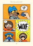 4_panel_comic anthro bodily_fluids brown_body canid canine canis clothed clothing comic dialogue digital_media_(artwork) dreamworks duo english_text face_mask fur gloves hair hands_on_mouth handwear headgear headwear hi_res hoodie human male mammal mask mr._wolf_(the_bad_guys) open_mouth saran_kit scared shirt simple_background speech_bubble sweat sweatdrop teeth text the_bad_guys topwear wolf yelling young