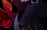 anthro avian bird black_background cracks crown death disappointed duo female hair headgear helluva_boss hi_res long_hair looking_down male owl owl_demon paimon_(helluva_boss) queen_octavia_(teathekook) red_text simple_background teathekook text