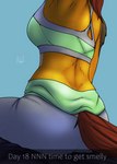 absurd_res androidz anthro bra breasts butt canid canine canis clothed clothing domestic_dog female fur hair hi_res leggings legwear mammal mel_(androidz) ponytail rear_view simple_background sitting solo sports_bra text topwear trans_(lore) trans_woman_(lore) underwear