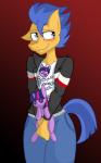 2014 anthro anthrofied biped blue_eyes blush button_(fastener) clothing digital_media_(artwork) english_text equid equine femboy flash_sentry_(mlp) friendship_is_magic hair hasbro hi_res horn jacket jrvanesbroek male mammal multicolored_hair my_little_pony mythological_creature mythological_equine mythology plushie purple_hair solo standing text topwear twilight_sparkle_(mlp) two_tone_hair unicorn wide_hipped_male wide_hips