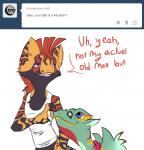 anthro ask_blog beelzemon_(artist) clothing comic dialogue duo english_text fan_character father_(lore) gael_the_scrafty generation_3_pokemon generation_5_pokemon kecleon looking_up male milo_the_keckleon nintendo parent_(lore) pokemon pokemon_(species) scrafty shirt son_(lore) tank_top text topwear user_avatar