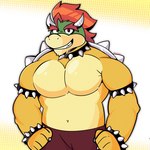 1:1 anthro artist_name bowser clothed clothing glistening glistening_body grinning_at_viewer hair hands_on_hips heavy hi_res htony koopa male mario_bros muscular muscular_anthro muscular_male nintendo overweight pecs red_hair scalie shell solo spikes topless topless_anthro topless_male triceps