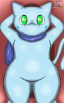 5:8 anthro blue_body blue_scarf blush generation_1_pokemon green_eyes hi_res legendary_pokemon male mammal markabsolgold mew_(pokemon) milian_(mew_lindo) nintendo pokemon pokemon_(species) scarf shiny_pokemon solo star star_eyes tail thick_thighs